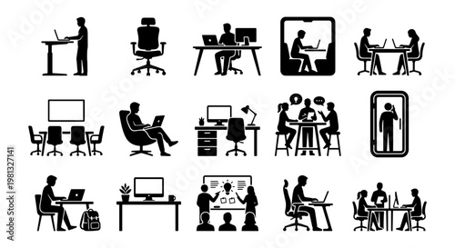 Modern office workspace icons, 15 business people silhouettes working at desks, coworking environment and corporate meeting room vector set