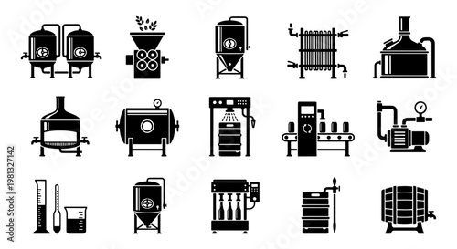 Brewery equipment icons set, 15 black beer production vector elements, industrial brewing machinery and fermentation tanks for craft brewery branding