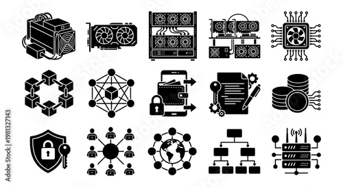 Cryptocurrency mining and blockchain technology icons, 15 black vector elements, digital finance and crypto hardware symbols for web design