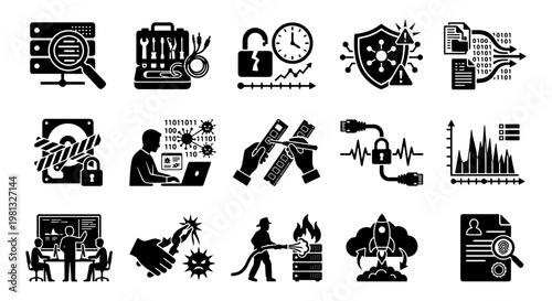 Cybersecurity and IT infrastructure icons, 15 black glyph vector set, network security and data management symbols for web design