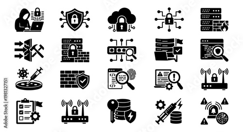 Cybersecurity icons set, 20 black vector glyphs for network protection and data privacy, digital security symbols for web design and software interfaces