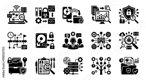 Cyber security and data protection icons set, 15 black glyph vector elements, network privacy and information safety symbols for web design