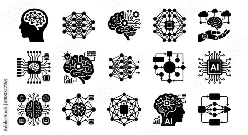 Artificial intelligence icons set, 15 black vector elements for machine learning and neural networks, digital brain and deep learning technology symbols