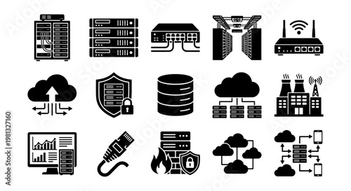 Data center and cloud computing icons, 15 black vector silhouettes of server racks and network hardware, database security and hosting symbols