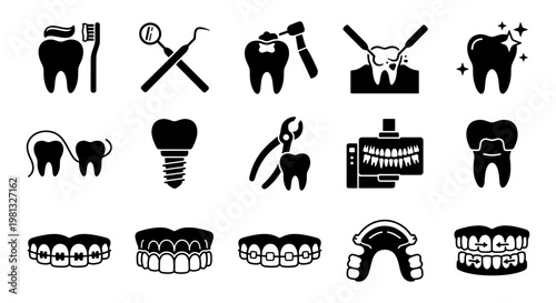 Dental care icon set, 15 black solid vector symbols for dentistry and oral hygiene, professional stomatology equipment and tooth treatment icons
