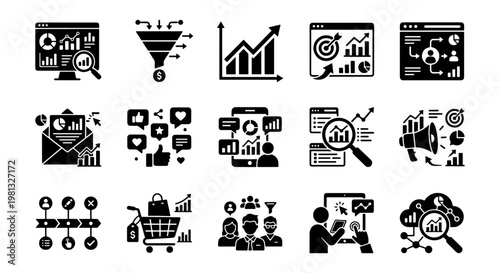 Digital marketing icons set, business data analytics and sales funnel vector symbols, 15 black glyph icons for web dashboard and SEO strategy