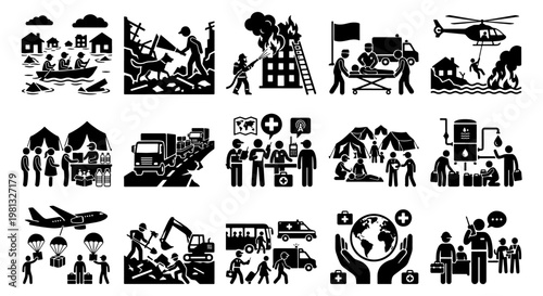 Disaster relief and humanitarian aid icon set, 15 black emergency response pictograms, natural disaster rescue and refugee support vector illustrations
