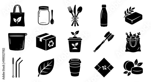 Zero waste lifestyle icon set, 15 eco friendly black vector symbols, sustainable living and plastic free product collection for environmental branding