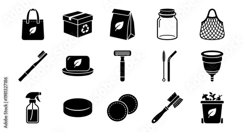 Eco friendly lifestyle icons set, 15 zero waste product vector symbols, sustainable living and plastic free household items in black silhouette style
