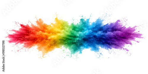 Bright Rainbow Colored Powder Explosion with Flying Dust Particles and Paint Splashes, Vibrant Holi Style Pigment Burst in Red Orange Yellow Green Blue Purple on Transparent Background.