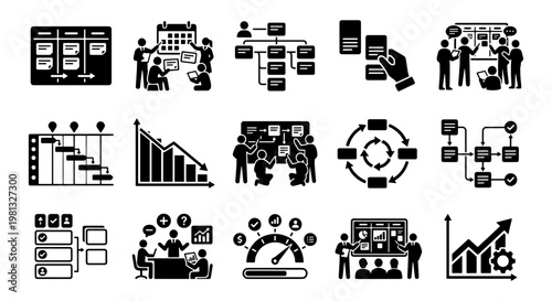 Agile project management icons set, 15 black glyph vectors for scrum workflow, business planning and teamwork productivity diagrams