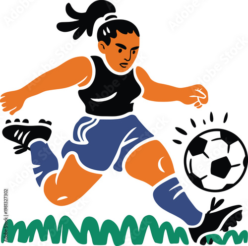 Illustration of a female soccer player kicking a ball on the field