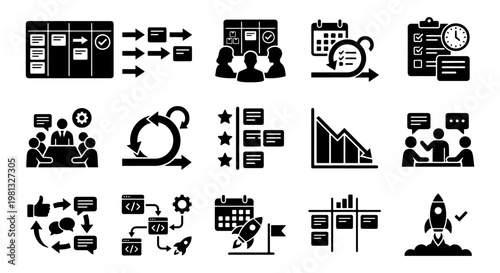Agile project management icon set, scrum methodology and kanban board symbols, 15 black vector icons for software development and business workflow
