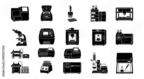 Laboratory equipment icons set, 20 black vector silhouettes of scientific research instruments, biotechnology and medical lab hardware collection