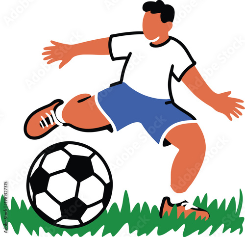 Cartoon illustration of a soccer player kicking a ball on the grass