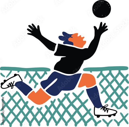 Vector illustration of a soccer goalkeeper jumping to catch a ball in front of a goal net
