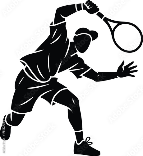 Black and white silhouette of a tennis player in action, swinging a racket to hit the ball