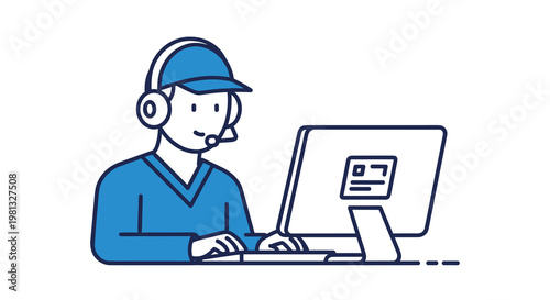 A male customer service representative wearing a blue cap and a professional headset types diligently on a computer keyboard at a modern office desk.