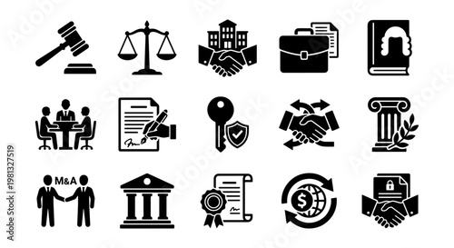 Legal and business law icon set, 15 black vector symbols for justice and corporate litigation, professional attorney and court services graphics