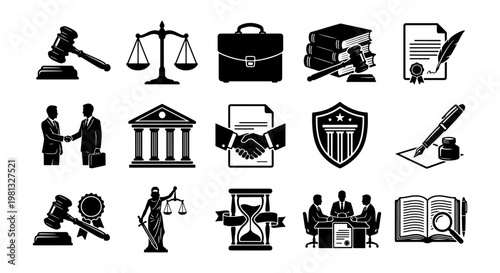 Law and justice icon set, 15 black legal vector elements, professional courtroom symbols and attorney office graphics for litigation and advocacy