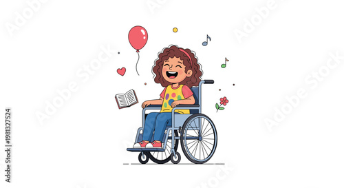 A joyful young girl with curly brown hair laughs while sitting in her blue wheelchair surrounded by floating musical notes and a vibrant red balloon.