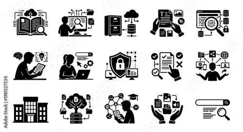 Data management and information research icons, set of 15 black vector silhouettes, digital library and knowledge organization symbols