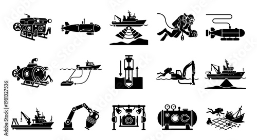 Underwater exploration icons set, deep sea research equipment and submarine vectors, marine archaeology and diving technology silhouettes