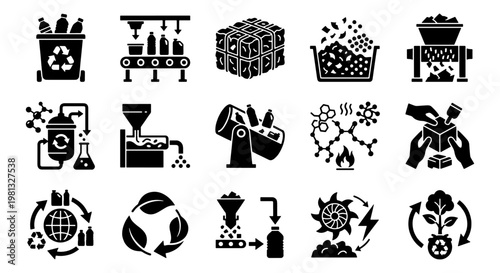 Industrial recycling process icons, 15 black vector elements for waste management, sustainable manufacturing and plastic processing symbols