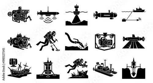 Underwater exploration icons, 15 ocean research and deep sea diving vector elements, marine technology and submarine silhouette set