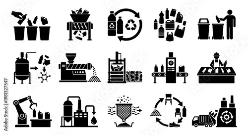 Plastic recycling process icons set, waste management and industrial factory symbols, 15 black vector pictograms for circular economy and ecology