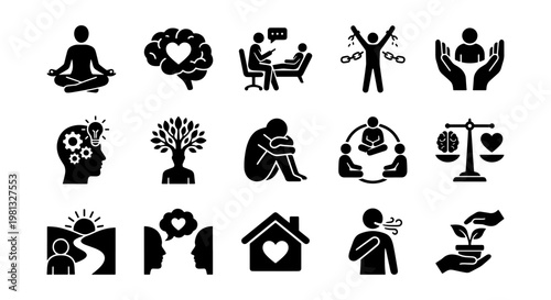 Mental health icons set, psychology and wellness vector symbols, 15 black silhouette elements for therapy and emotional balance