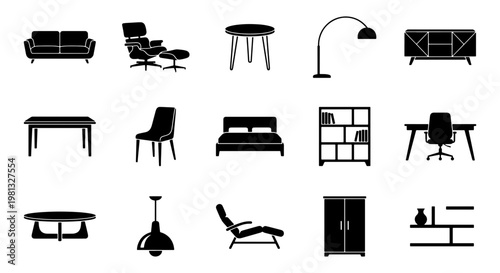 Mid-century modern furniture icons set, 15 black silhouette interior design elements, minimalist home decor and office furniture vector collection