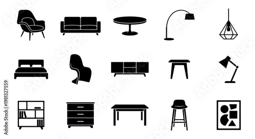 Modern furniture icons set, minimalist home interior decor silhouettes, 15 black vector elements for apartment floor plans and interior design