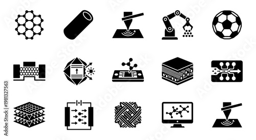 Nanotechnology and advanced materials icon set, 15 black vector icons for science and engineering, industrial manufacturing and molecular research symbols