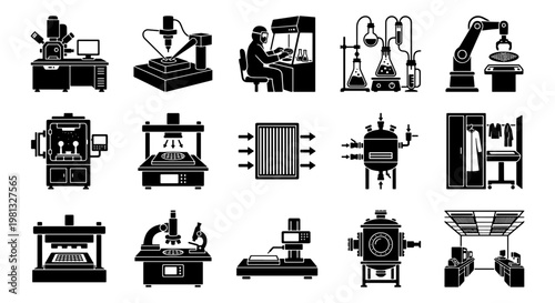 Laboratory equipment icons set, scientific research and industrial manufacturing vector elements, 15 black silhouette icons for biotech and chemistry