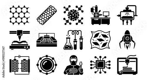 Nanotechnology and future science icons, 15 black vector symbols for laboratory research, molecular engineering and high-tech manufacturing equipment