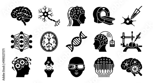 Neuroscience and brain research icons set, 15 black vector symbols for neurology and medical science, human brain anatomy and neurotechnology elements