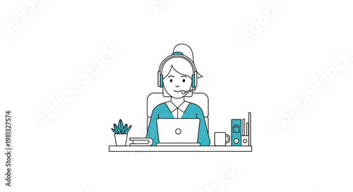 A friendly female customer support agent with a high ponytail wears a headset while working at a tidy desk equipped with a laptop and a green plant.