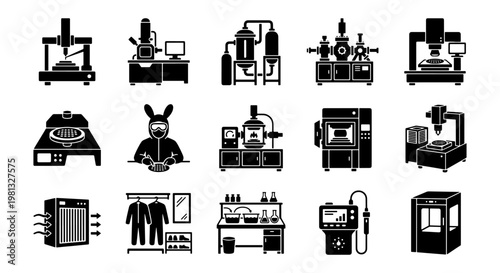 Industrial laboratory equipment icons, set of 15 black vector silhouettes for scientific research, chemical engineering and manufacturing machinery