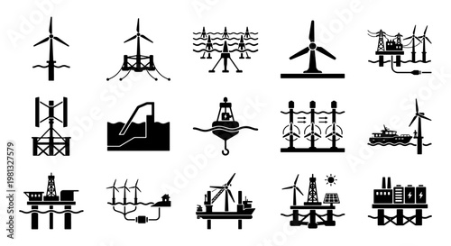 Offshore renewable energy icons, 15 wind turbine and tidal power vector symbols, marine engineering and green electricity generation set