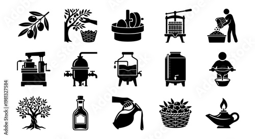 Olive oil production icons set, 15 black vector silhouettes of traditional harvesting and pressing equipment, organic agriculture and farming symbols