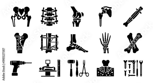 Orthopedic surgery icons set, 15 medical bone implants and surgical tools vectors, black silhouette trauma surgery equipment for hospital education