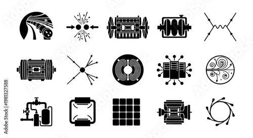 Quantum physics and particle accelerator icons, 15 black vector symbols of nuclear research, scientific laboratory equipment and atomic energy elements