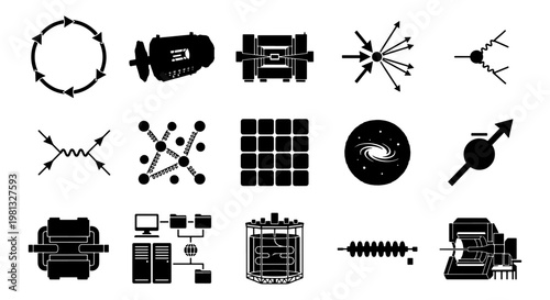 Quantum physics and engineering icons set, 15 black vector symbols of particle mechanics and industrial technology, scientific research and data network elements