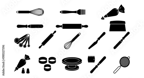 Professional baking tools icon set, black kitchen utensils for pastry making, 15 bakery equipment vector elements for culinary design