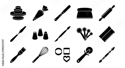 Professional baking tools icon set, 15 black silhouette pastry equipment vectors, kitchen utensils for cake decorating and confectionery