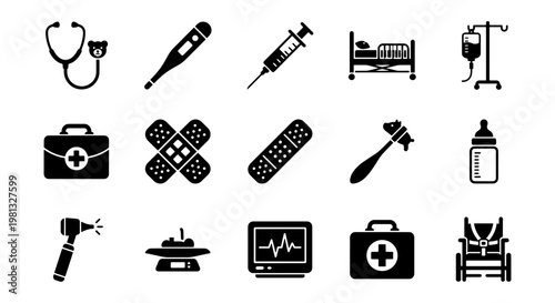 Medical icon set with 15 black solid vector elements, healthcare equipment symbols for hospital infographics, clinical first aid and medicine icons
