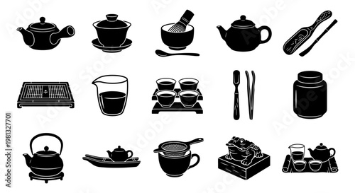 Traditional Japanese tea ceremony icons, 15 black silhouette vector elements, matcha whisk and teapot set, oriental tea culture equipment