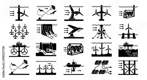 Renewable tidal energy icons set, 20 ocean power generation vector elements, sustainable marine turbine and hydroelectric dam symbols for ecology
