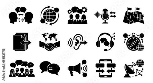 Global communication icons set, 15 black vector symbols for translation and language services, international business networking and speech icons